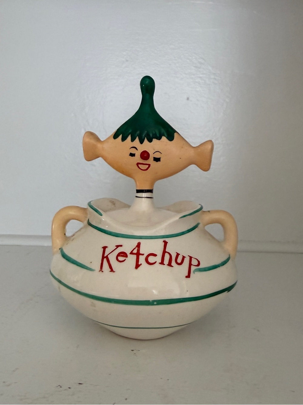 Vintage Ketchup Ceramic Cruet with Figurine Top - Cream, Green, Red
